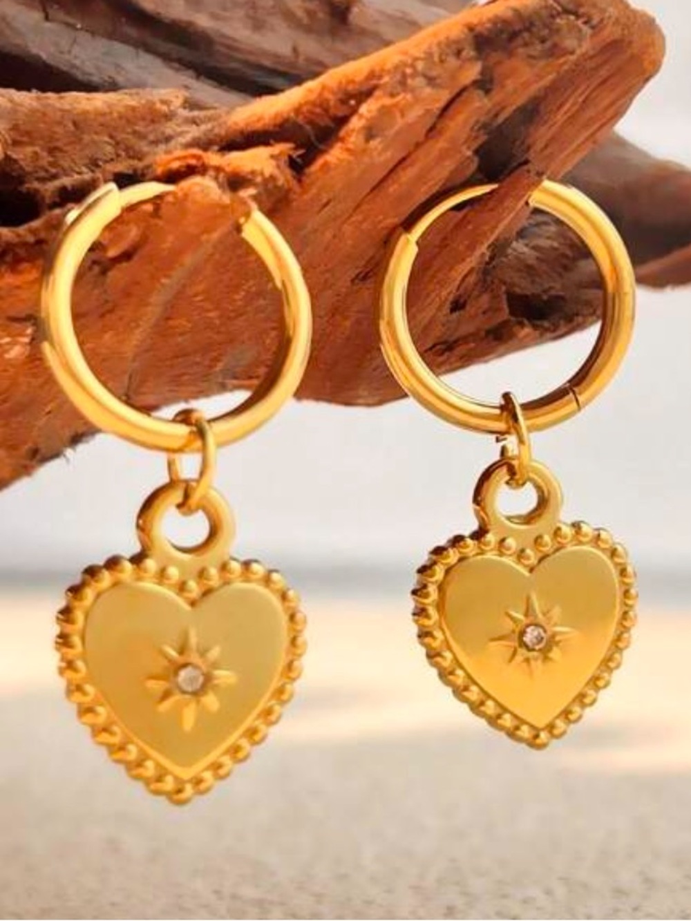 Yellow Gold Heart Charm Hoop Earrings - Unbranded